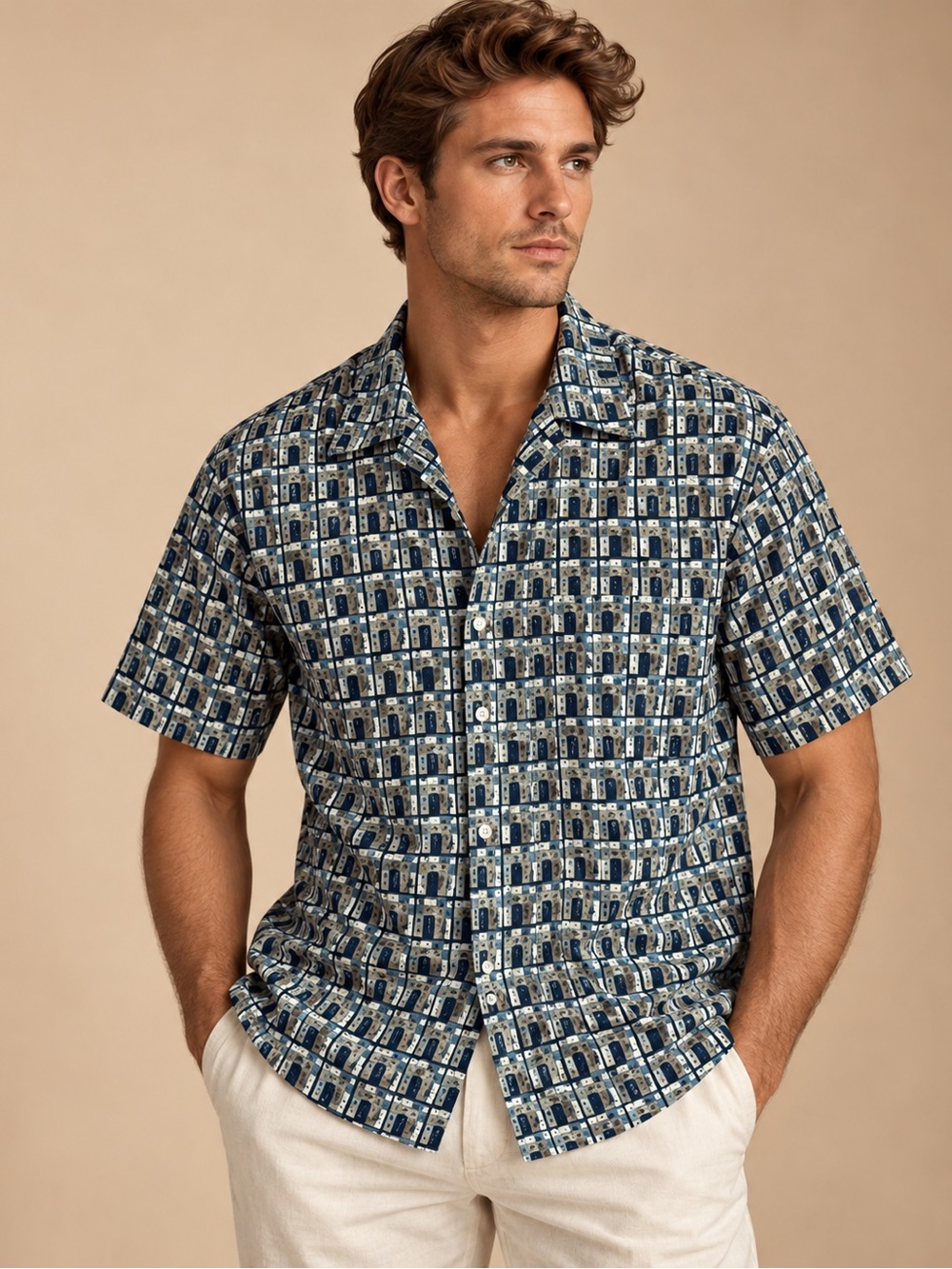 Roundtree & Yorke Geometric Print Short Sleeve Button Down Shirt L